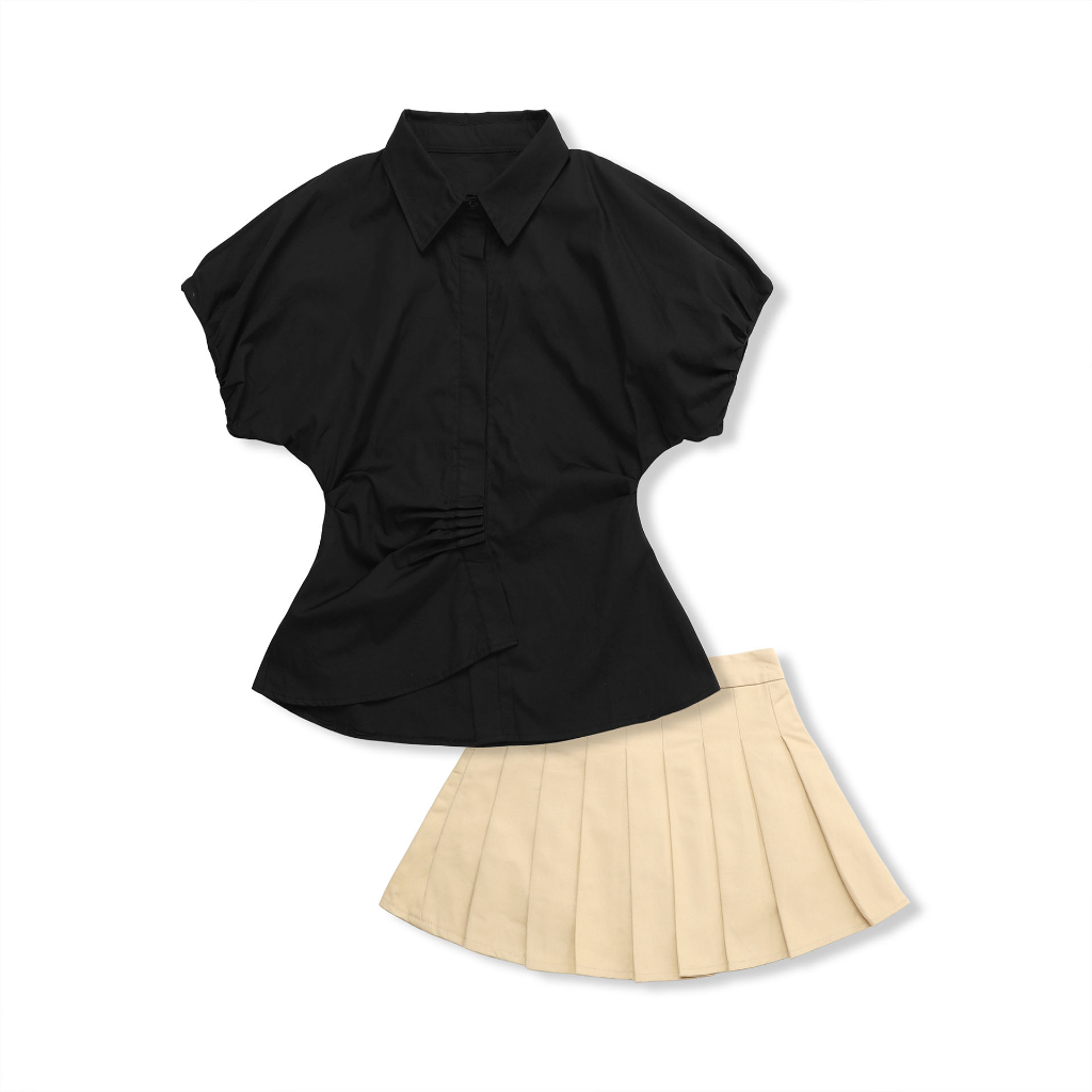 Set Nữ Stylish Shirt Pleat Skirt, Chất Vải Chân Váy Kaki Dẻo Hàn Lót Lụa, Áo Xi Cotton, WSB047, SOMEHOW