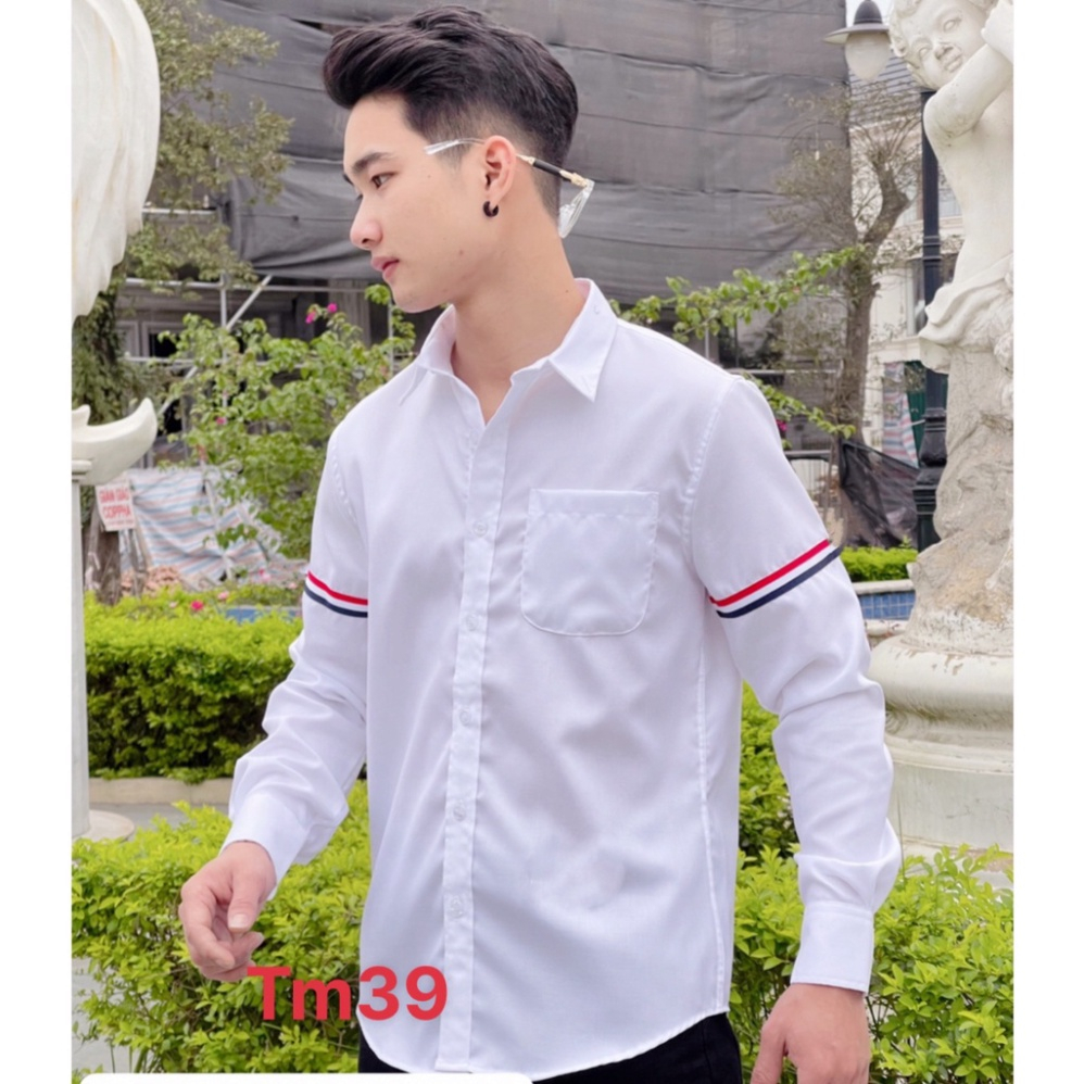 Áo sơ mi Thome 2 sọc đỏ chất lụa hàn không nhăn