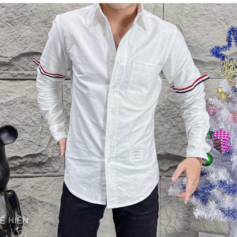 Áo sơ mi Thome 2 sọc đỏ chất lụa hàn không nhăn