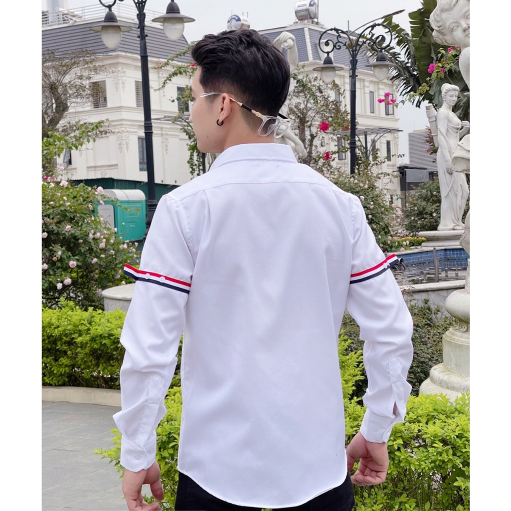 Áo sơ mi Thome 2 sọc đỏ chất lụa hàn không nhăn