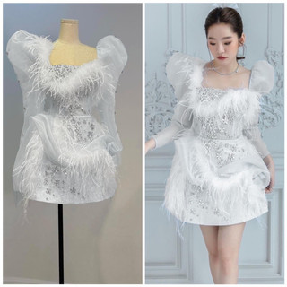 Đầm dự tiệc tay phồng dài vai phối lông vũ kết cườm TRIPBLE T DRESS - size S/M/L - MS50Y