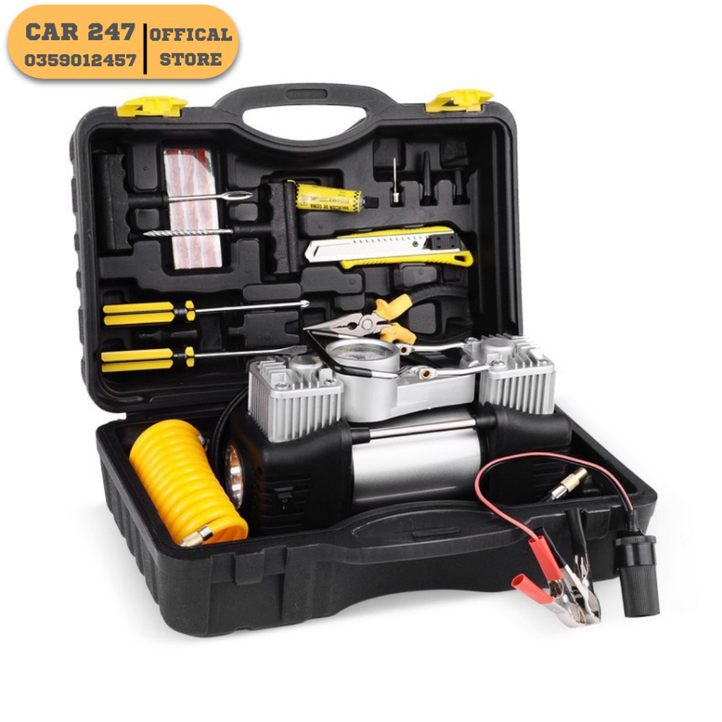 Máy Bơm Lốp Ô Tô 2 Xi Lanh Cực Mạnh Mặt Đồng Hồ Cơ Kèm Bộ Phụ Kiện Chuyên Dụng, Bơm Lốp Xe Hơi, Sedan, SUV