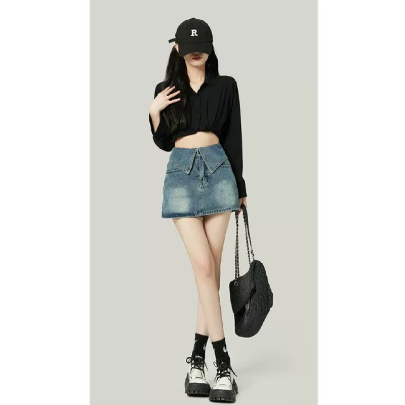 Chân váy jean cạp gập màu xanh, màu khói dáng cao siêu đẹp có lót trong hottrend-hàng có sẵn | BigBuy360 - bigbuy360.vn