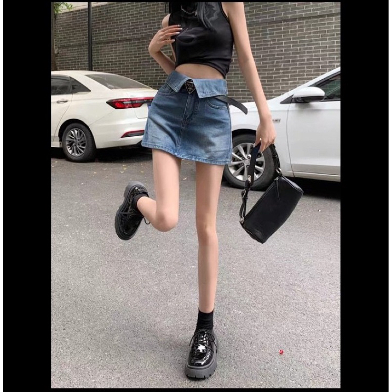 Chân váy jean cạp gập màu xanh, màu khói dáng cao siêu đẹp có lót trong hottrend-hàng có sẵn | BigBuy360 - bigbuy360.vn