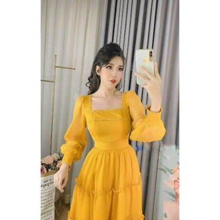 Đầm váy nữ dáng xòe cổ vuông tay phồng dự tiệc siêu xinh thời trang Hàn quốc chất voan lụa T706 - yado