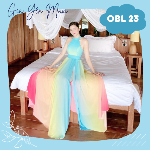 OBL 23 - Đầm maxi du lịch cổ yếm loang màu xẻ tà | Maxi đi biển ombre vàng xanh vải voan có mút cao cấp [GiaYenMaxi]