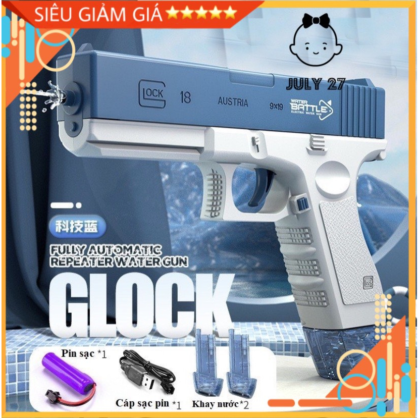 Đồ Chơi Súng Nước Điện Tử Tự Động - GLOCK. Pin Sạc Lại Được Nhiều Lần, Dành Cho Bé Yêu Mùa Hè Vui Chơi Thảo Thích