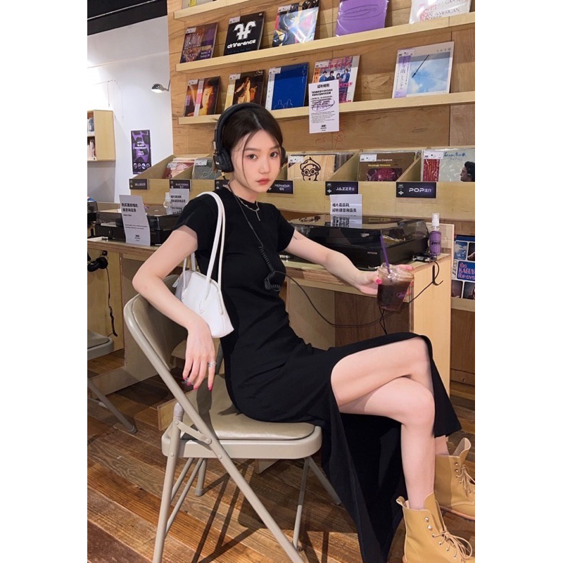 Váy đầm ngắn tay ôm body dáng dài midi xẻ tà đùi basic sexy chất thun co giãn ulzzang Hàn Quốc Yannie Order Taobao 1688