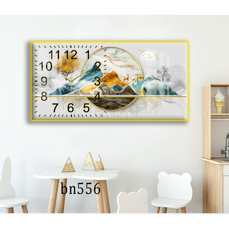 Tranh Đồng Hồ Tráng Gương 5D Khung Cảnh Đôi Hươu Vàng - Simple House, Trang Trí Phòng Khách,Decor Phòng Làm Việc.