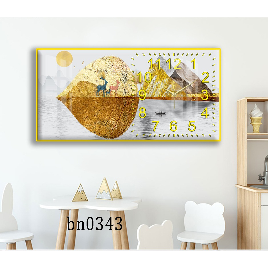 Tranh Đồng Hồ Tráng Gương 5D Khung Cảnh Đôi Hươu Vàng - Simple House, Trang Trí Phòng Khách,Decor Phòng Làm Việc.