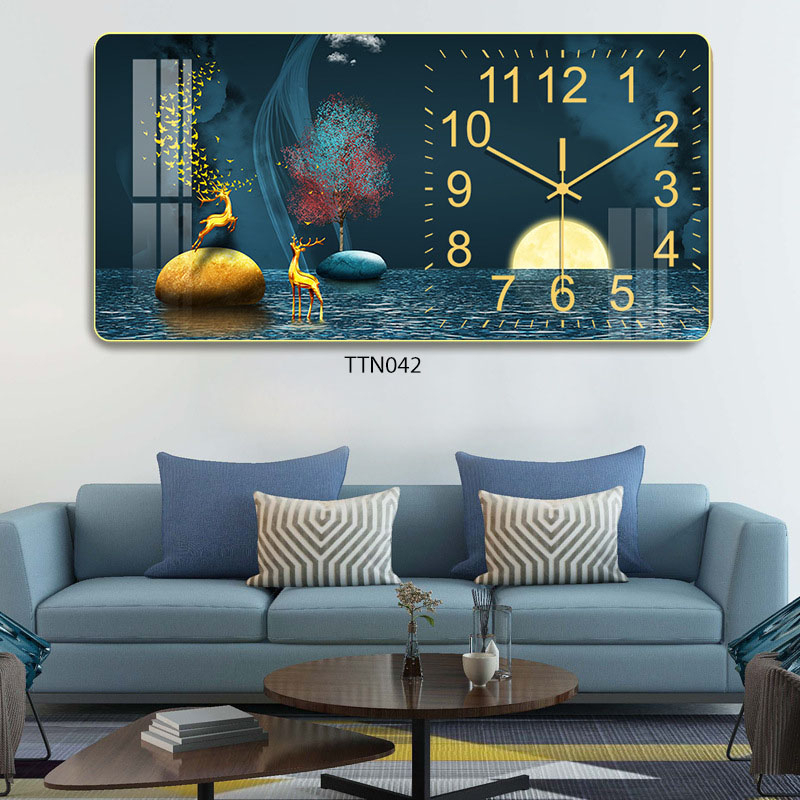 Tranh Đồng Hồ Tráng Gương 5D Khung Cảnh Đôi Hươu Vàng - Simple House, Trang Trí Phòng Khách,Decor Phòng Làm Việc.