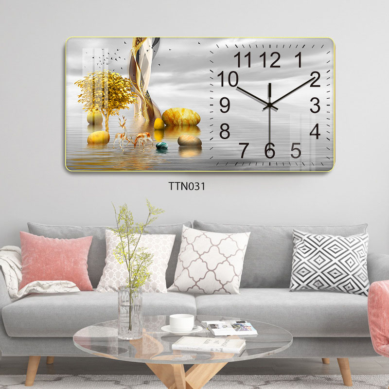 Tranh Đồng Hồ Tráng Gương 5D Khung Cảnh Đôi Hươu Vàng - Simple House, Trang Trí Phòng Khách,Decor Phòng Làm Việc.