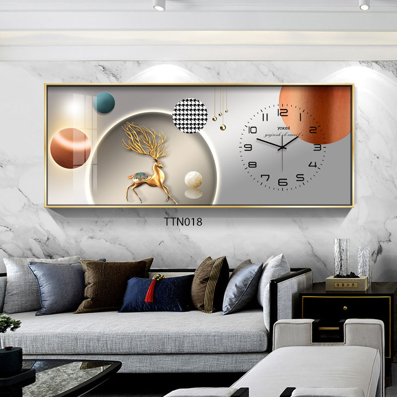 Tranh Đồng Hồ Tráng Gương 5D Khung Cảnh Đôi Hươu Vàng - Simple House, Trang Trí Phòng Khách,Decor Phòng Làm Việc.