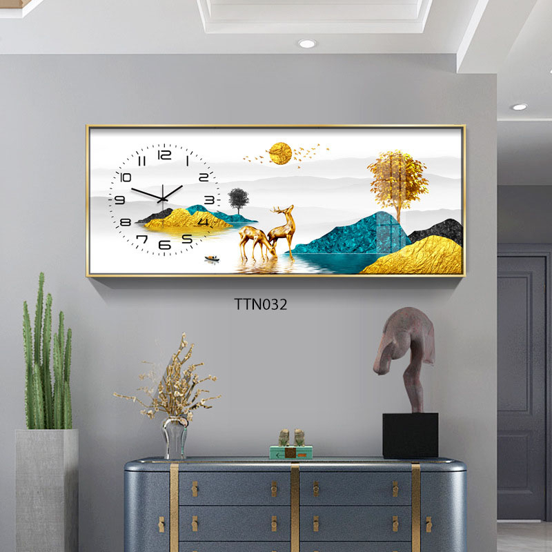 Tranh Đồng Hồ Tráng Gương 5D Khung Cảnh Đôi Hươu Vàng - Simple House, Trang Trí Phòng Khách,Decor Phòng Làm Việc.