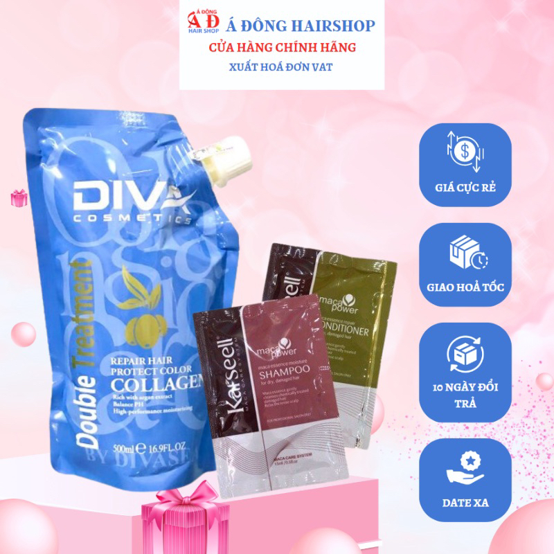 Kem ủ tóc siêu mượt Collagen DIVA Cosmetics Double Treatment 500ml + Cặp gội xả gói Karseell Maca 15mlx2