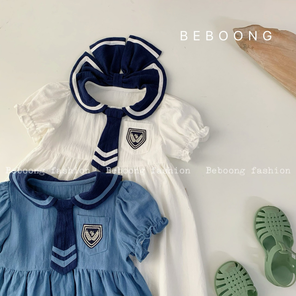 Váy bé gái kiểu dáng babydoll phối cà vạt nơ sau cổ sành điệu - váy thủy thủ bé gái chất liệu thô mềm sang chảnh
