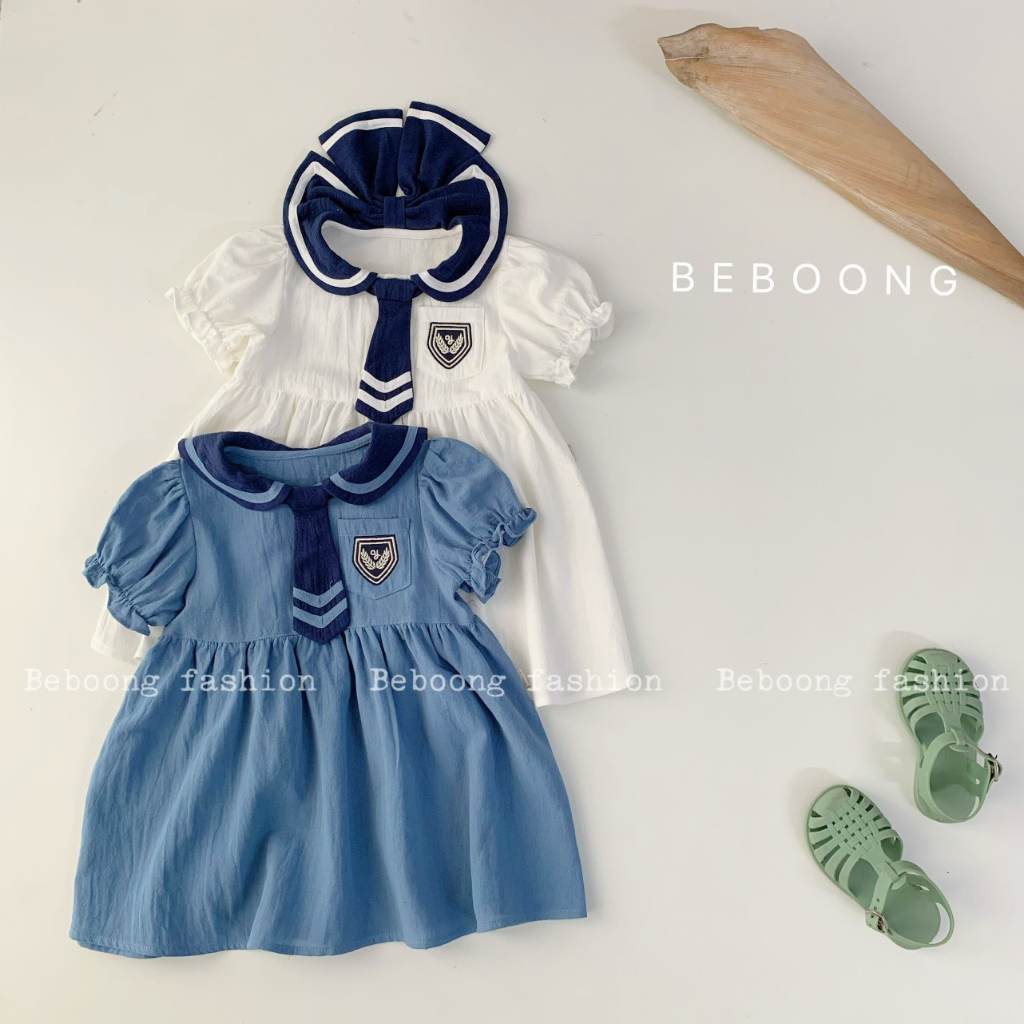 Váy bé gái kiểu dáng babydoll phối cà vạt nơ sau cổ sành điệu - váy thủy thủ bé gái chất liệu thô mềm sang chảnh