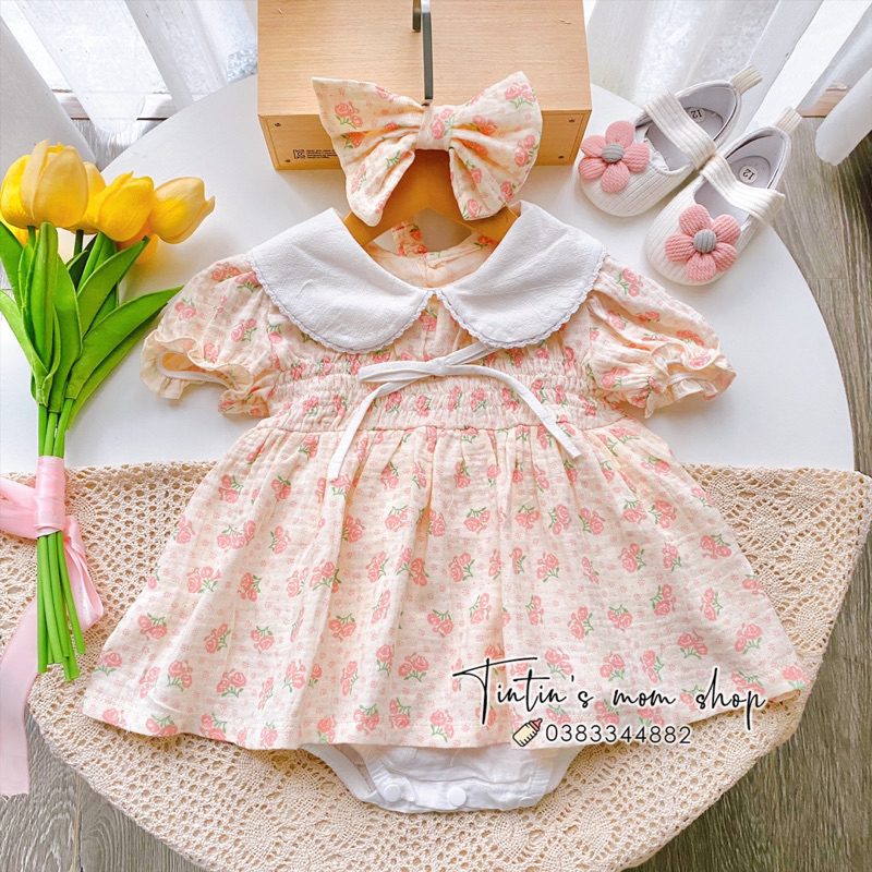 Sét váy body chip đầy tháng/ thôi nôi xô muslin hoa hồng cổ tròn kèm nơ