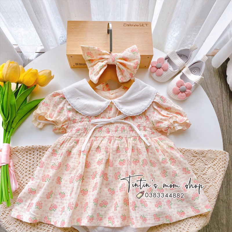 Sét váy body chip đầy tháng/ thôi nôi xô muslin hoa hồng cổ tròn kèm nơ