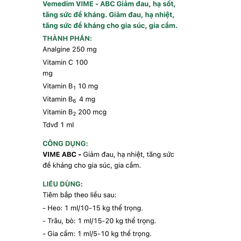 Vemedim Vime Abc 10ml dùng cho gà, heo, trâu, bò