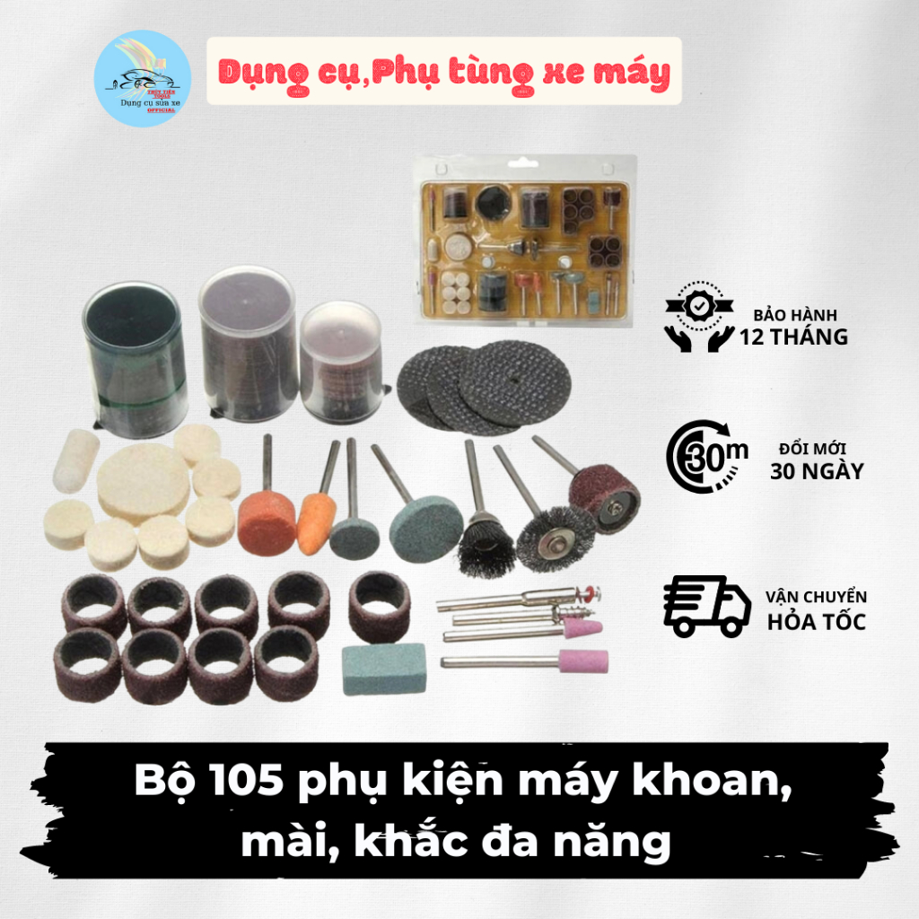 Bộ 105 phụ kiện máy khoan, mài, khắc đa năng