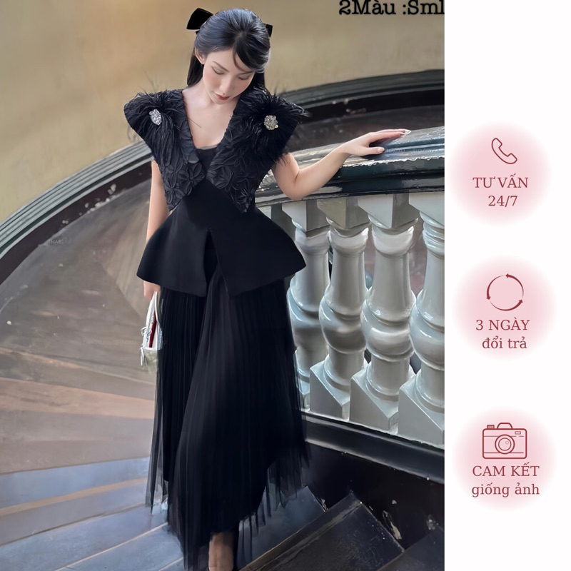 Đầm Liền Thân Cổ Nhọn Đính Đá Chân Váy Xếp Ly Kèm Ảnh Thật | MERRCHUYENVAY
