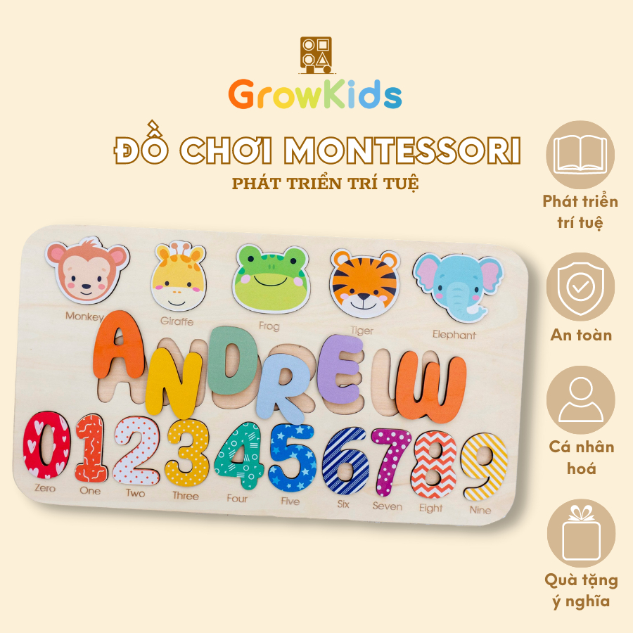 Bảng xếp chữ, số, icon động vật khắc tên tiếng Anh GROWKIDS, làm bảng tên món quà đầy tháng, sinh nhật cho các bé