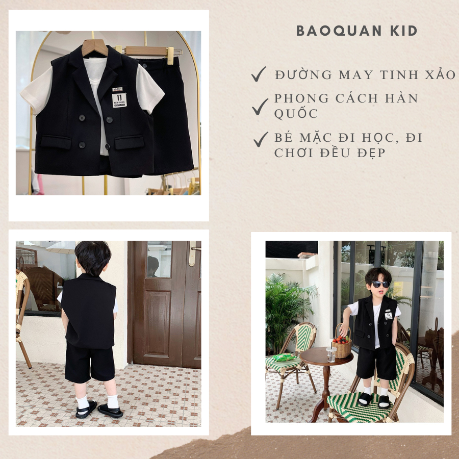 Quần áo cho bé trai 4 chi tiết, áo thun, áo gilet, quần short, kính phong cách Hàn Quốc BAOQUANKID [New]