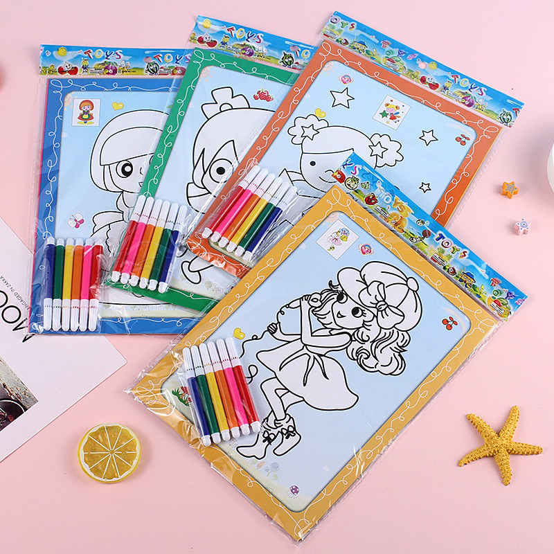 Set 2 tranh và 6 màu dạ tập tô màu cho bé