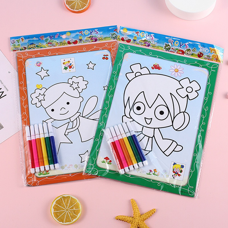 Set 2 tranh và 6 màu dạ tập tô màu cho bé