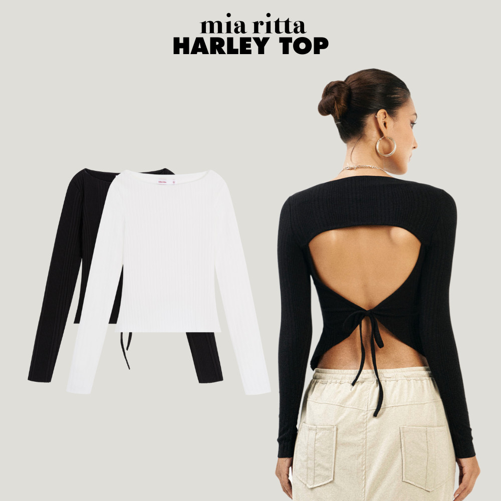 Áo thun gân hở lưng Harley Top Mia Ritta A2139 áo cổ tròn dài tay buộc dây lưng