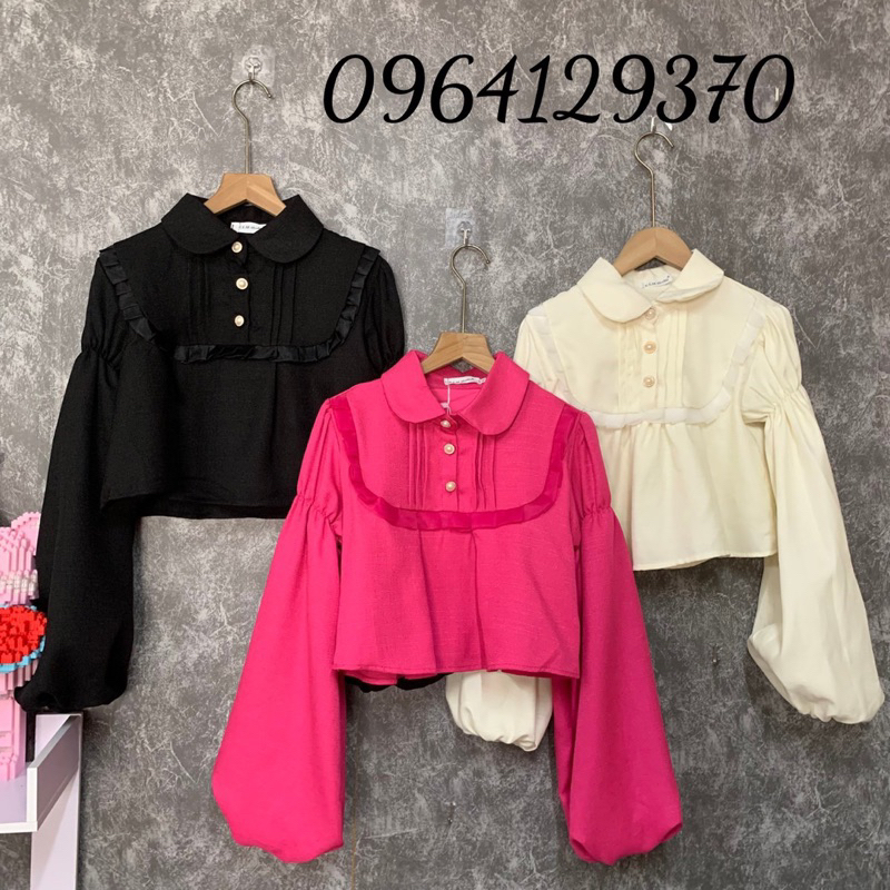 Áo Sơ Mi Dạ Croptop Tay Bồng Cổ Sen Xinh Xắn