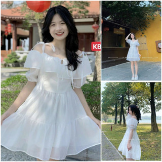 Váy trễ vai 2 dây cộc tay, đầm nữ trắng trễ vai xinh xắn hottrend