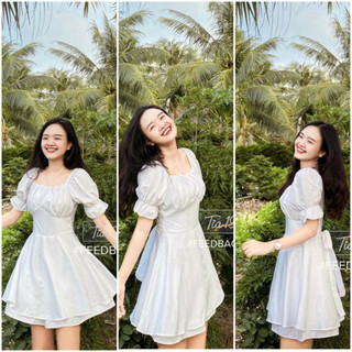 Váy nữ cổ vuông cộc tay dáng xòe, đầm nữ dáng xòe buộc dây màu trắng