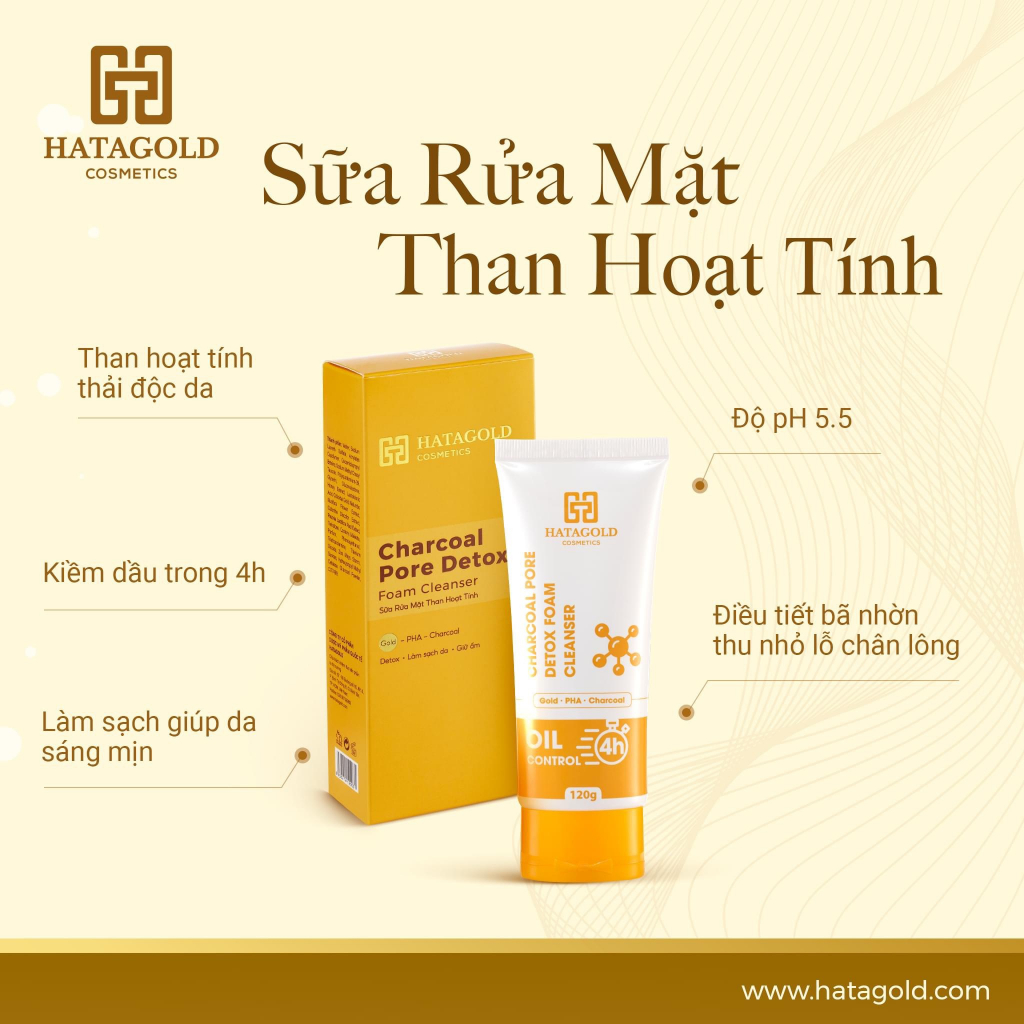 HATAGOLD | SỮA RỬA MẶT THẢI ĐỘC THAN HOẠT TÍNH - CHARCOAL PORE DETOX FOAM CLEANSER - OIL CONTROL 4H - KL:120G