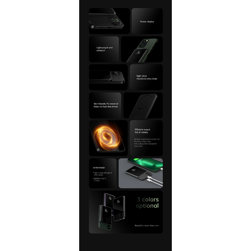 Sạc Dự Phòng Không Dây FENRUI Q9 5000mAh /10000mAh,Cho 12/13/14 Series,Sạc K Dây từ tính 7.5W,SẠC CÓ DÂY 20W