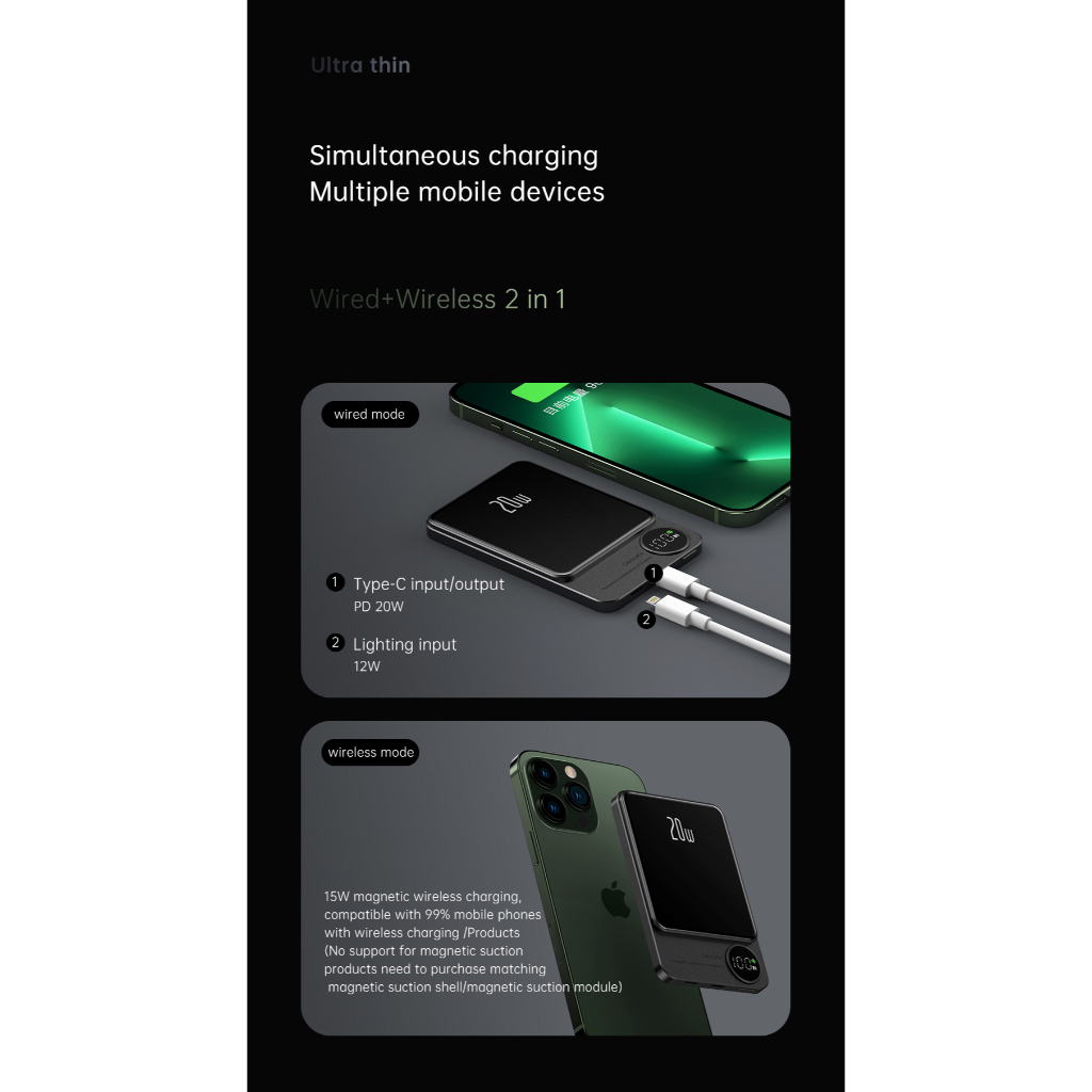 Sạc Dự Phòng Không Dây FENRUI Q9 5000mAh /10000mAh,Cho 12/13/14 Series,Sạc K Dây từ tính 7.5W,SẠC CÓ DÂY 20W