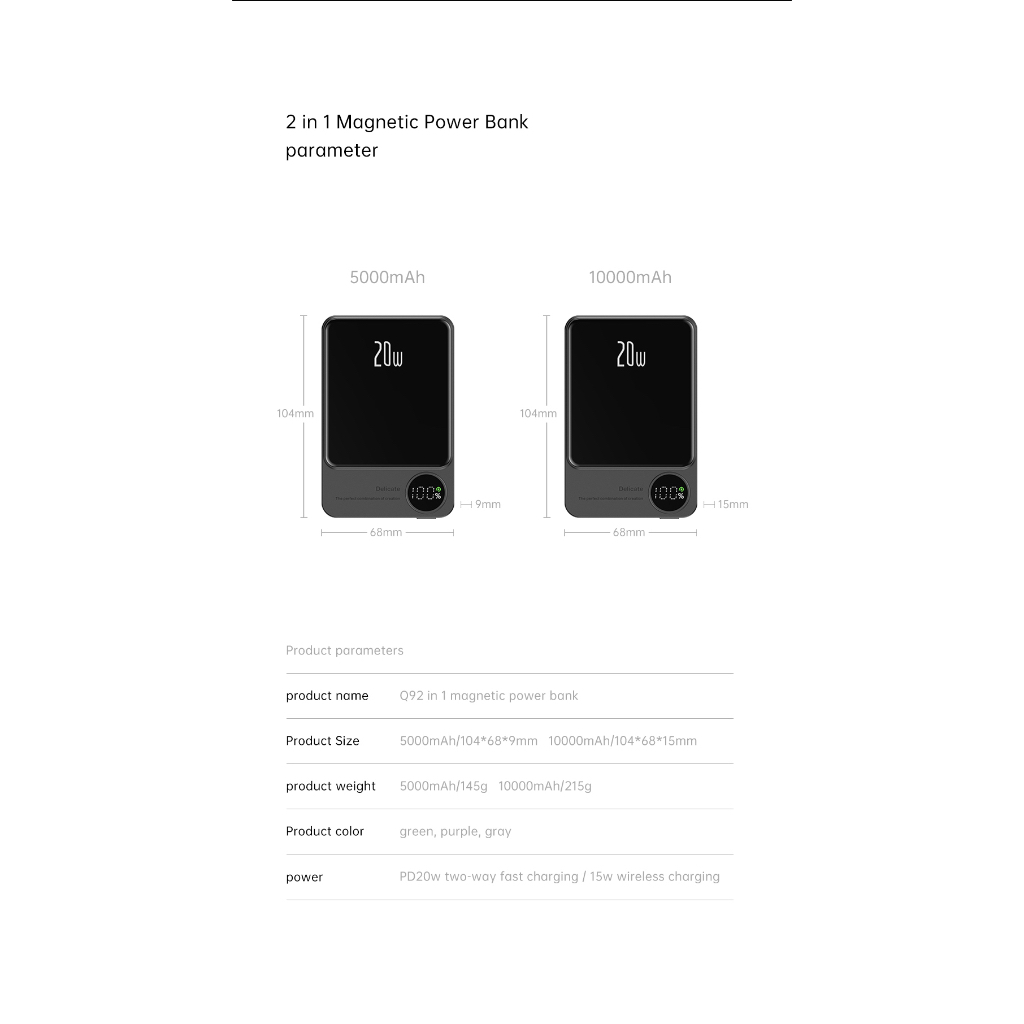 Sạc Dự Phòng Không Dây FENRUI Q9 5000mAh /10000mAh,Cho 12/13/14 Series,Sạc K Dây từ tính 7.5W,SẠC CÓ DÂY 20W