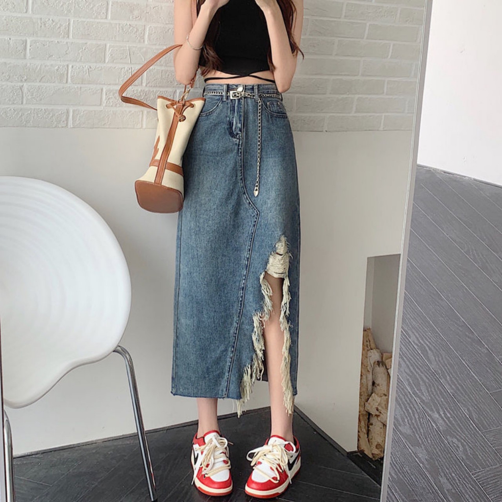 Chân váy jean dài midi phong cách, chân váy dài cạp cao tôn dáng C28