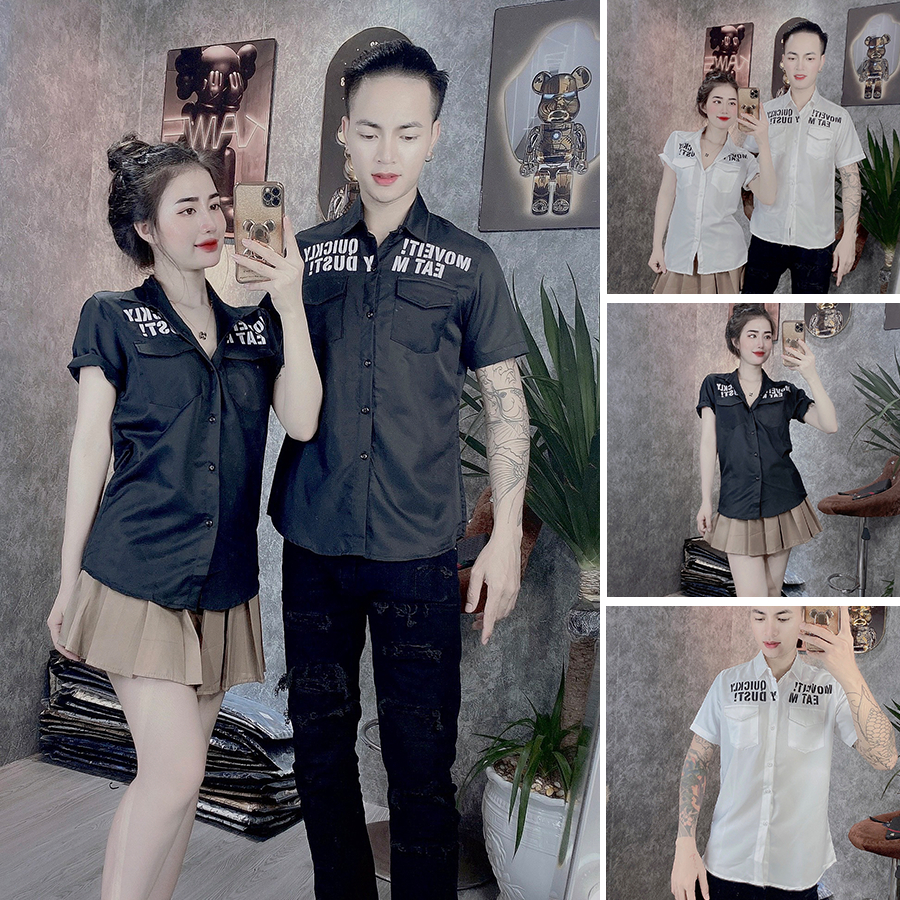 Áo Sơ Mi Nam Nữ Tay Ngắn Cổ Bẻ Phối 2 Túi In Chữ Chất Liệu Vải Kate Lụa Form Rộng 2 Màu Mền Mịn SMTN15 - TOMANO