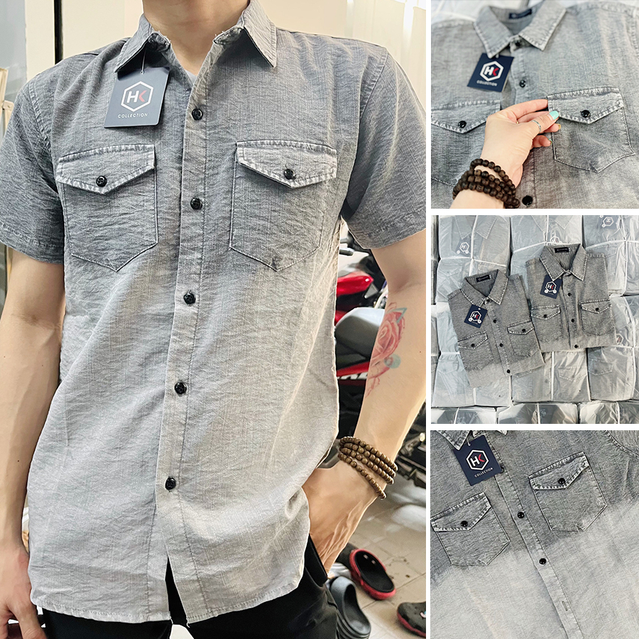 Áo Sơ Mi Loang Nam Nữ Tay Ngắn Cổ Bẻ Phối 2 Túi Chất Liệu Vải Đũi Form Rộng 2 Màu Xám Mền Mịn SMTN16 - TOMANO
