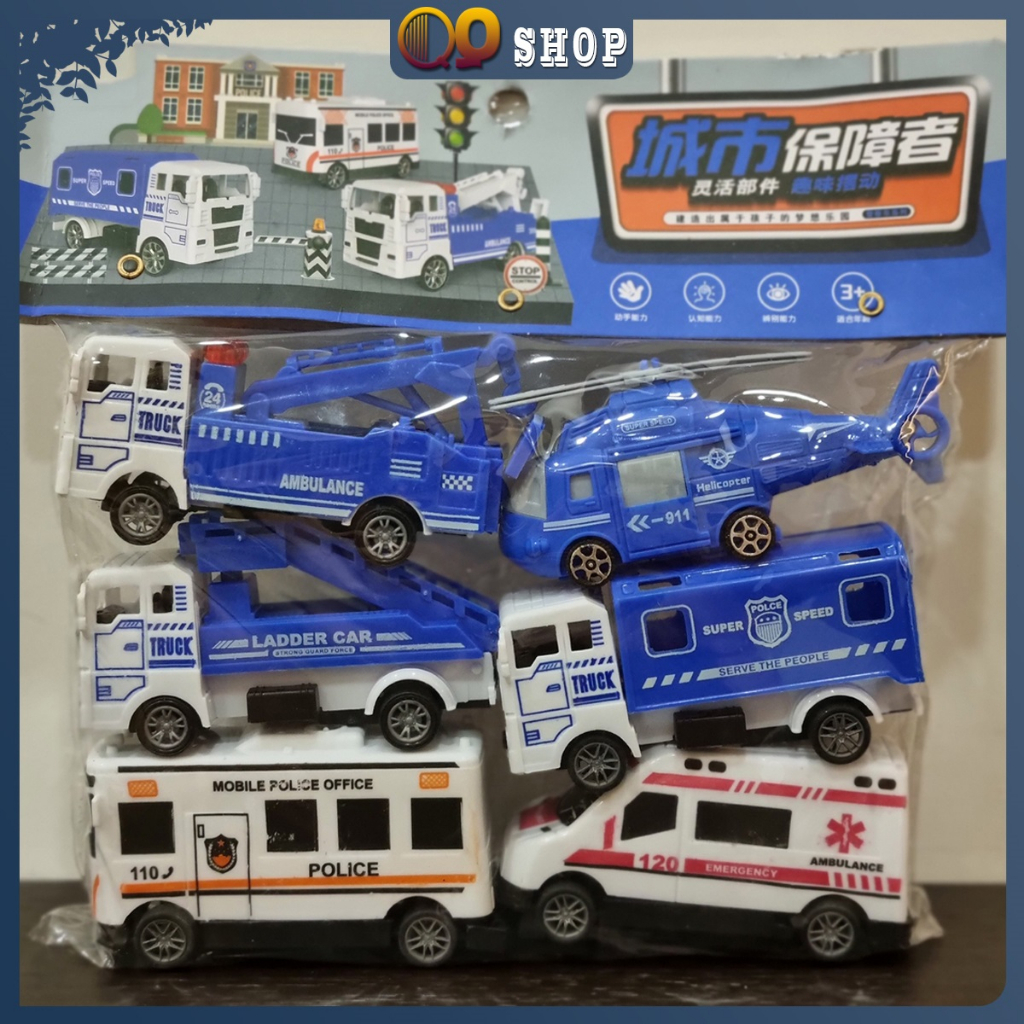 Mô hình 5 xe đồ chơi tổng hợp và 1 trực thăng cứu hộ - QQ Shop
