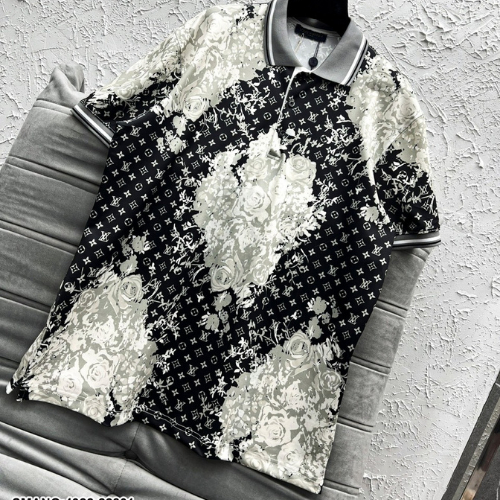 Áo Polo Nam In Hoa lv Phối Viền Cổ Xám Vải Mát Mịn Cao Cấp