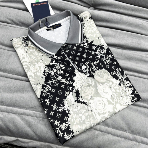 Áo Polo Nam In Hoa lv Phối Viền Cổ Xám Vải Mát Mịn Cao Cấp