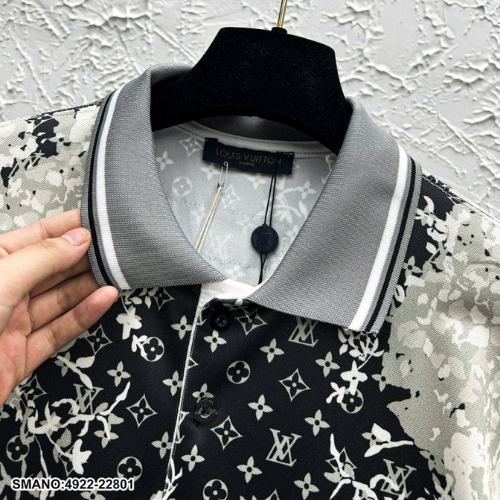 Áo Polo Nam In Hoa lv Phối Viền Cổ Xám Vải Mát Mịn Cao Cấp
