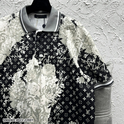 Áo Polo Nam In Hoa lv Phối Viền Cổ Xám Vải Mát Mịn Cao Cấp