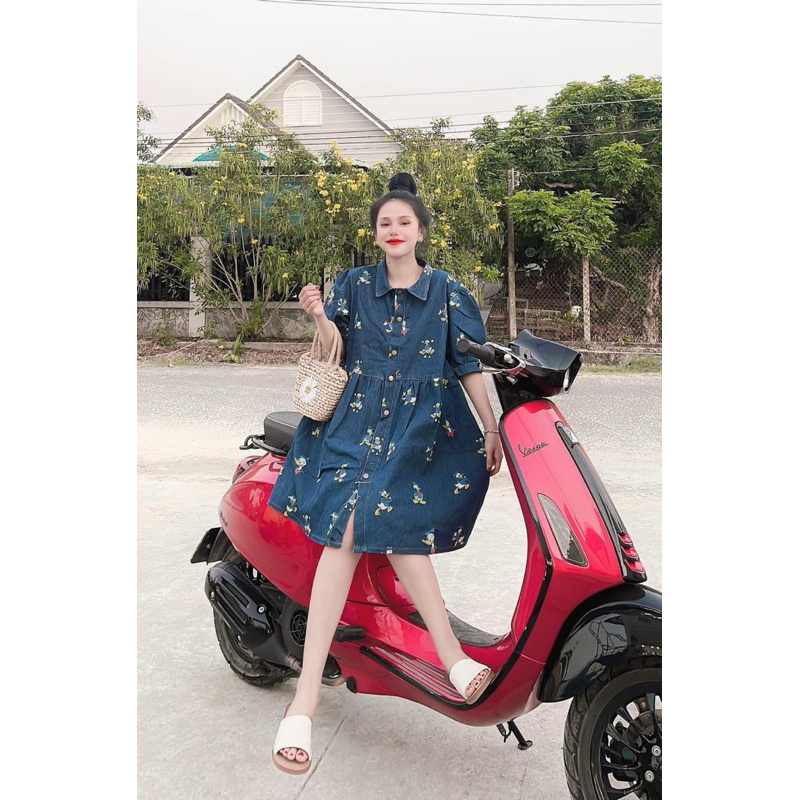 Đầm Jean Cổ Sơ Mi In Hình Vịt Donal, Váy Babydoll Chất Liệu Jean Bò Mềm - Huyền Shop
