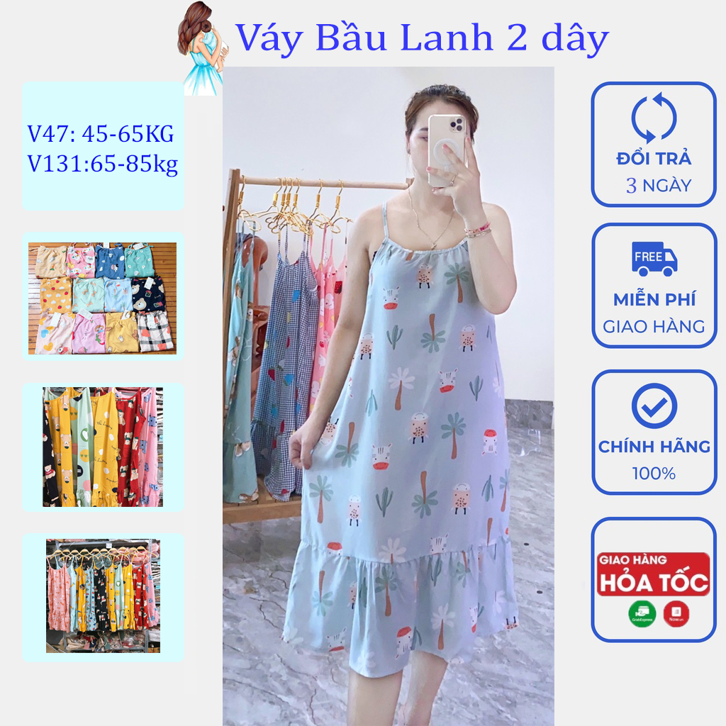 Váy bầu 2 dây dễ thương, chất lanh mềm mát, mặc nhà, mặc ngủ thoải mái