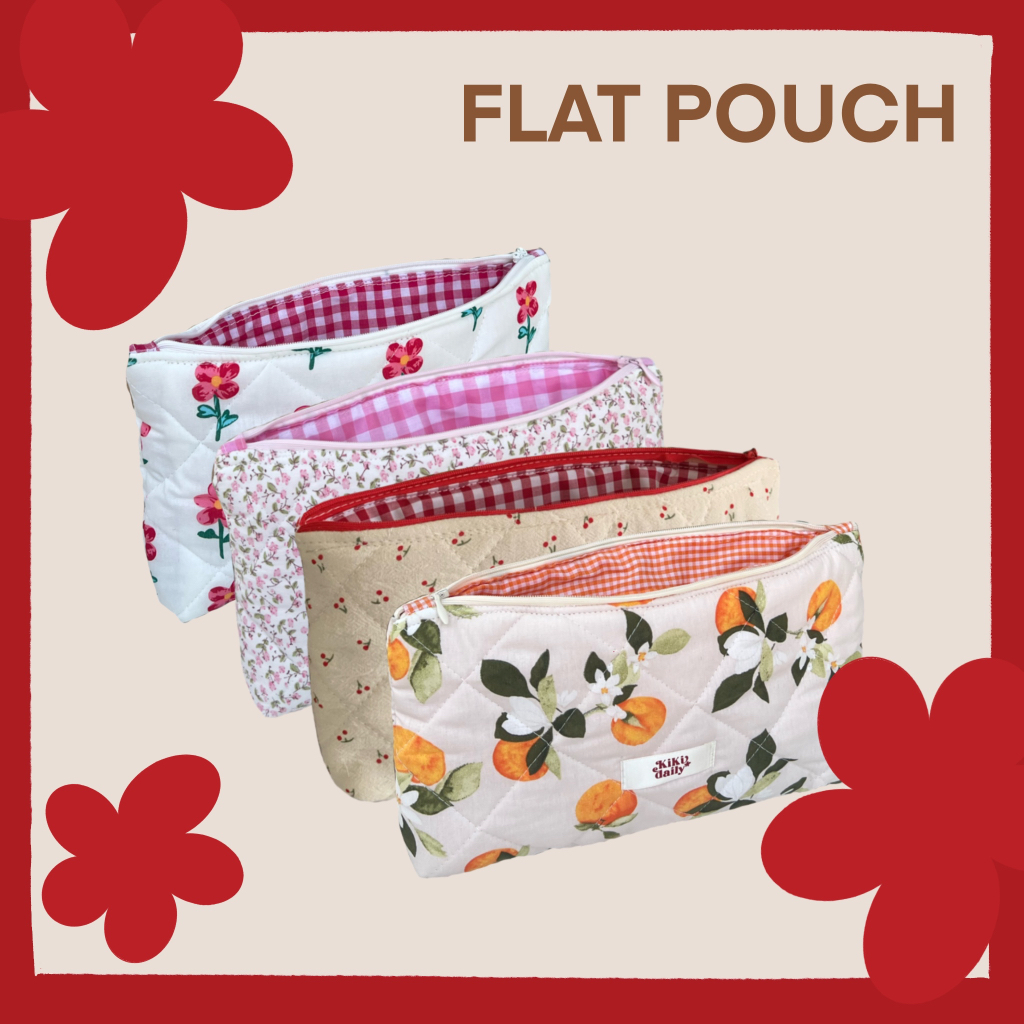 FLAT POUCH - Túi vải phom dẹt chần bông Kikidaily đựng bút, đồ make up tiện dụng