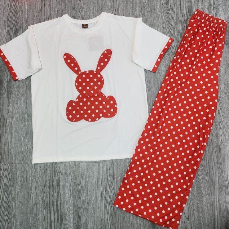 bộ thun cotton đỏ chấm bi quần ống suông